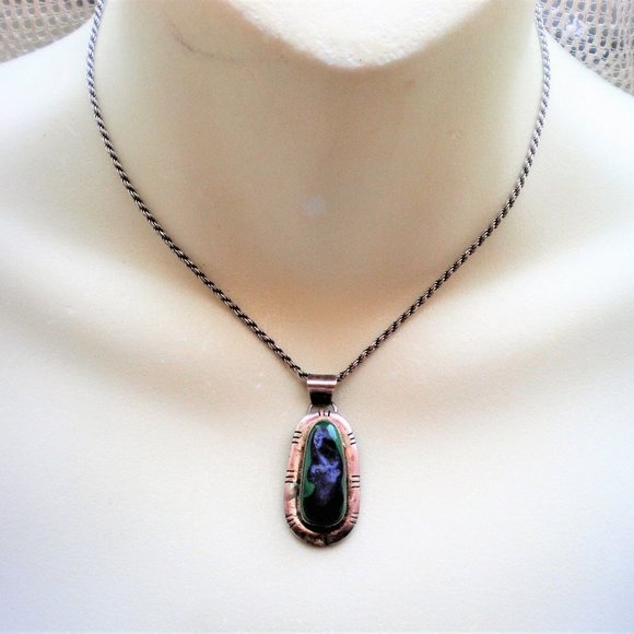 Navajo DARRELL CADMAN Sterling Silver Azurite Malachite Pendant Necklace Chain